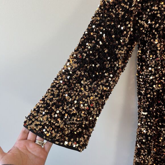 H&M Sequined A Line Mini Dress Gold Brown Party Holiday Glam Women's Size Medium - Picture 9 of 12